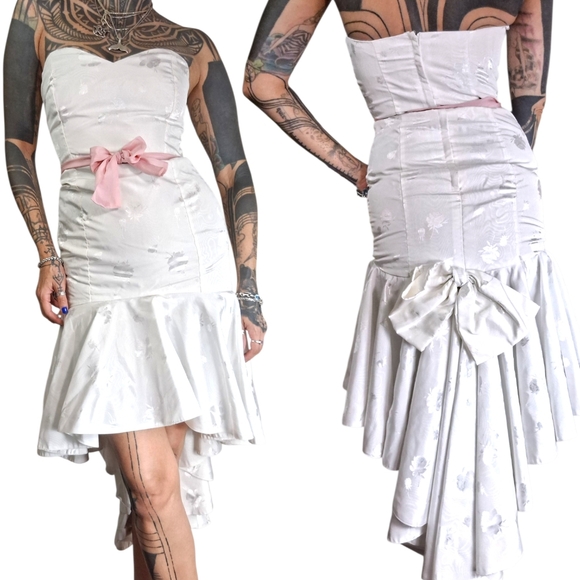 Vintage 80s Strapless Floral Dress Womens XS White Ruffle Big Bow High Low Hem - Picture 1 of 8
